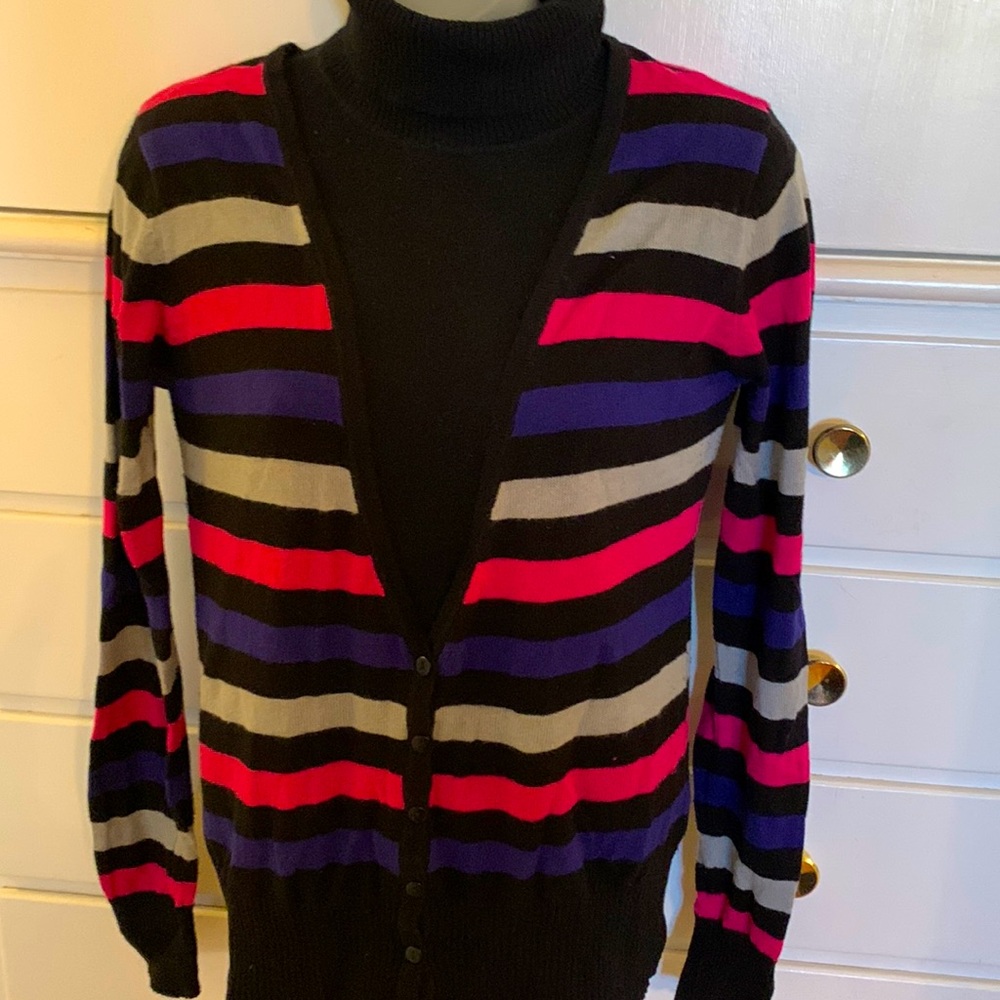 Bongo brand, black, blue, pink, silver button down sweater so pretty on!